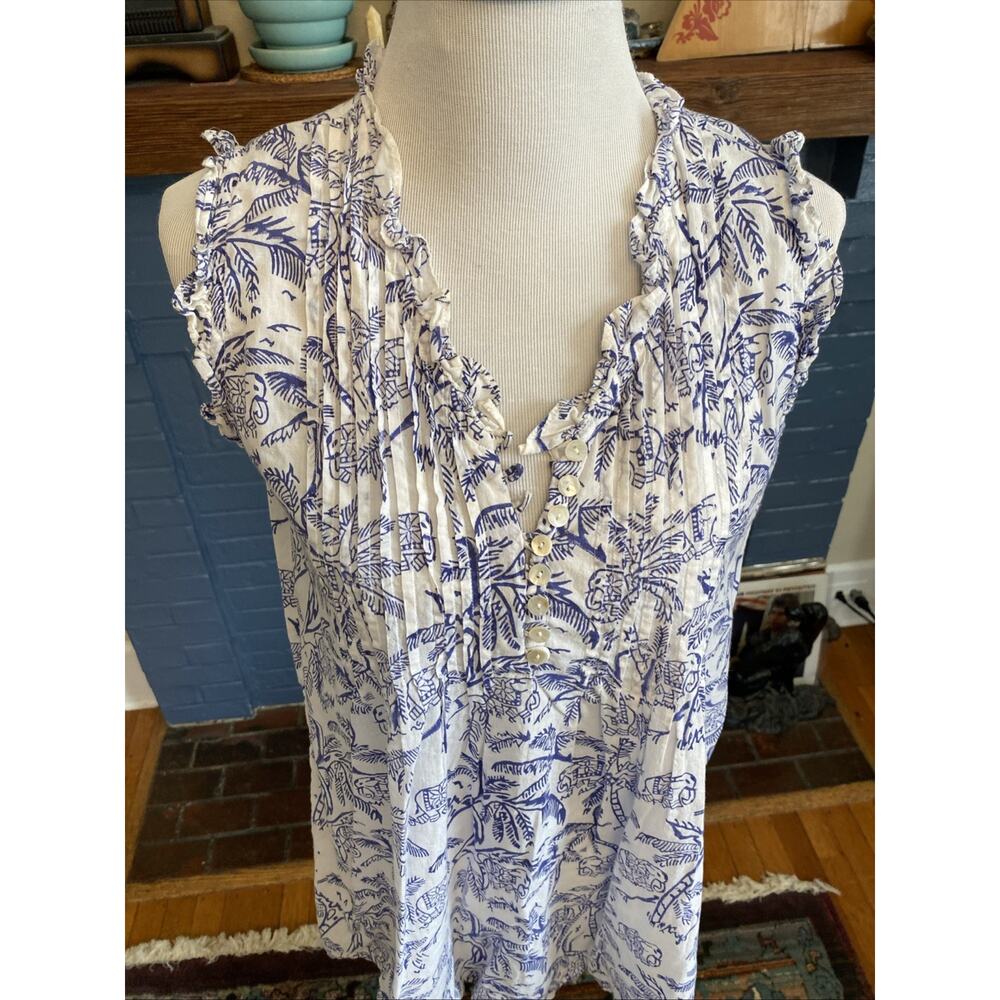 Roller Rabbit S Cotton Palm Elephant Boho Tunic Pintuck Button Tank Ruffle - Picture 3 of 11